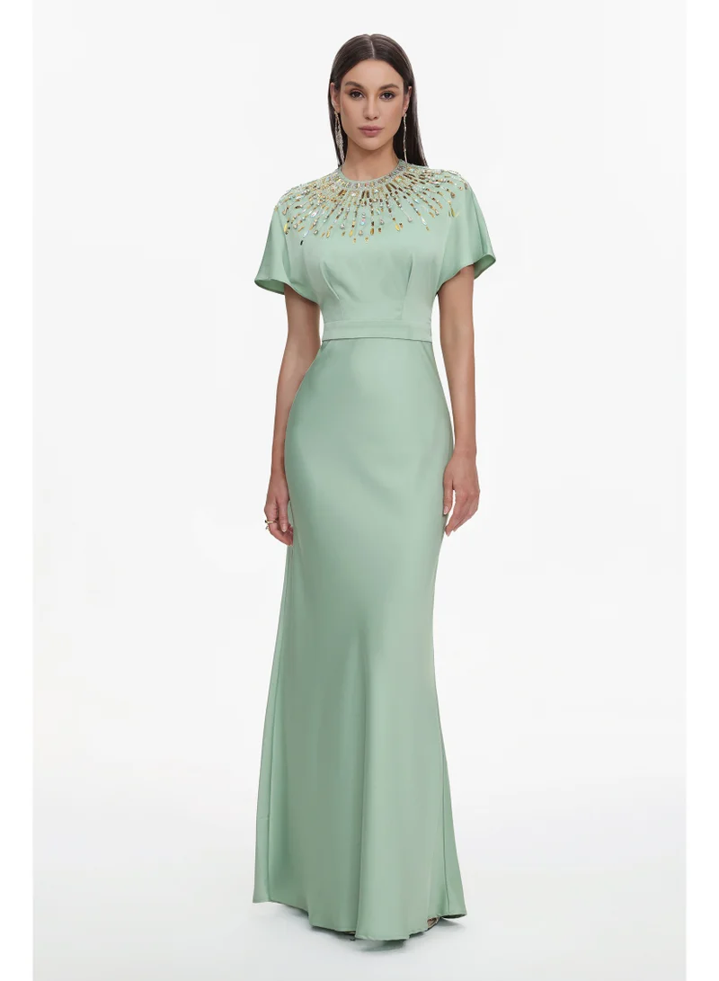 Lacey Elegant Tailored Short Sleeve Crystal Embellished Satin Maxi Dress
